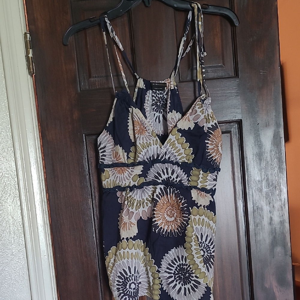 BCBG MAX AZRIA, M, Floral Blue, Olive, Tan Shoulder Tie Top